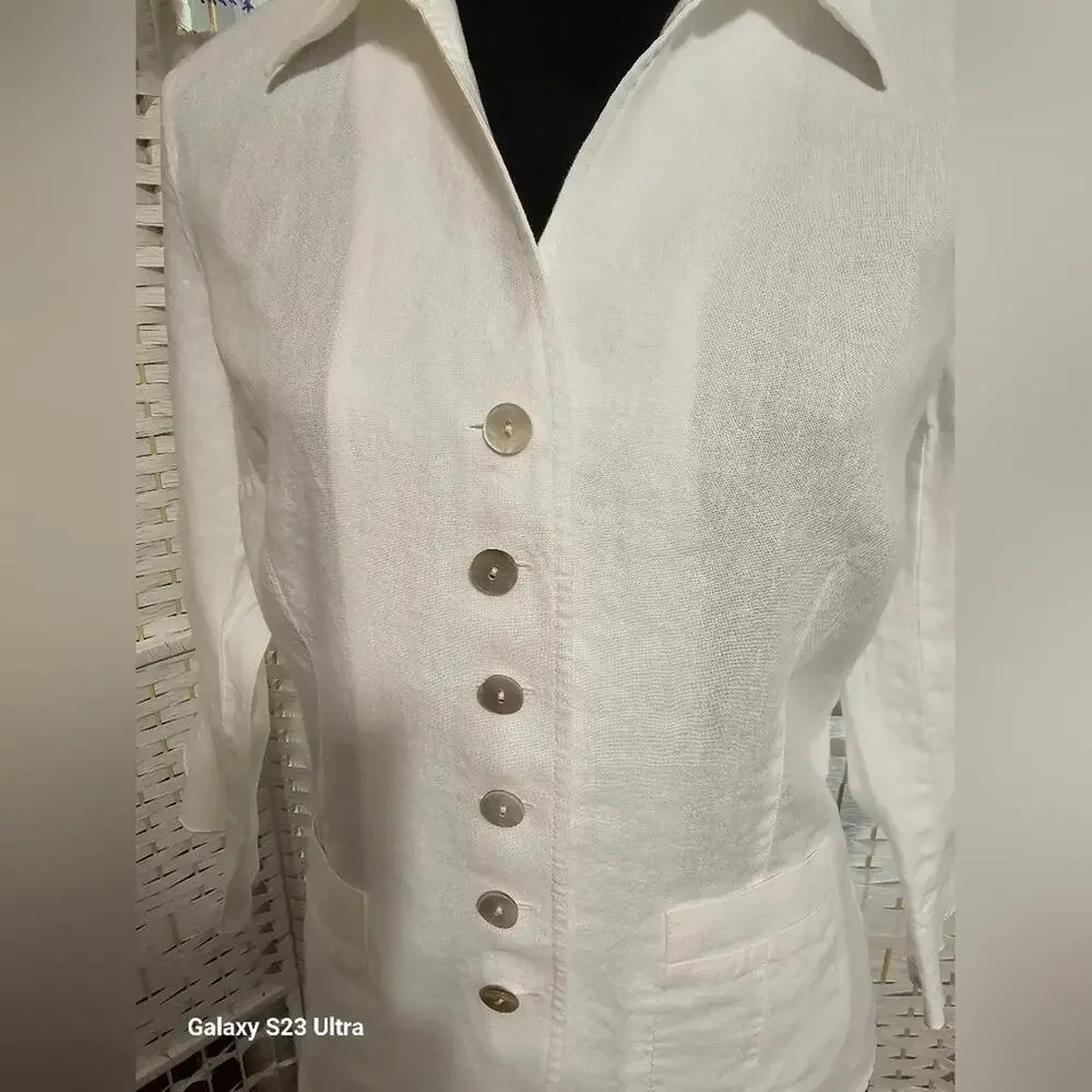 🧨 Talbots Ivory Irish Linen Ruffle Sleeve Button Down Blouse - Picture 3 of 11